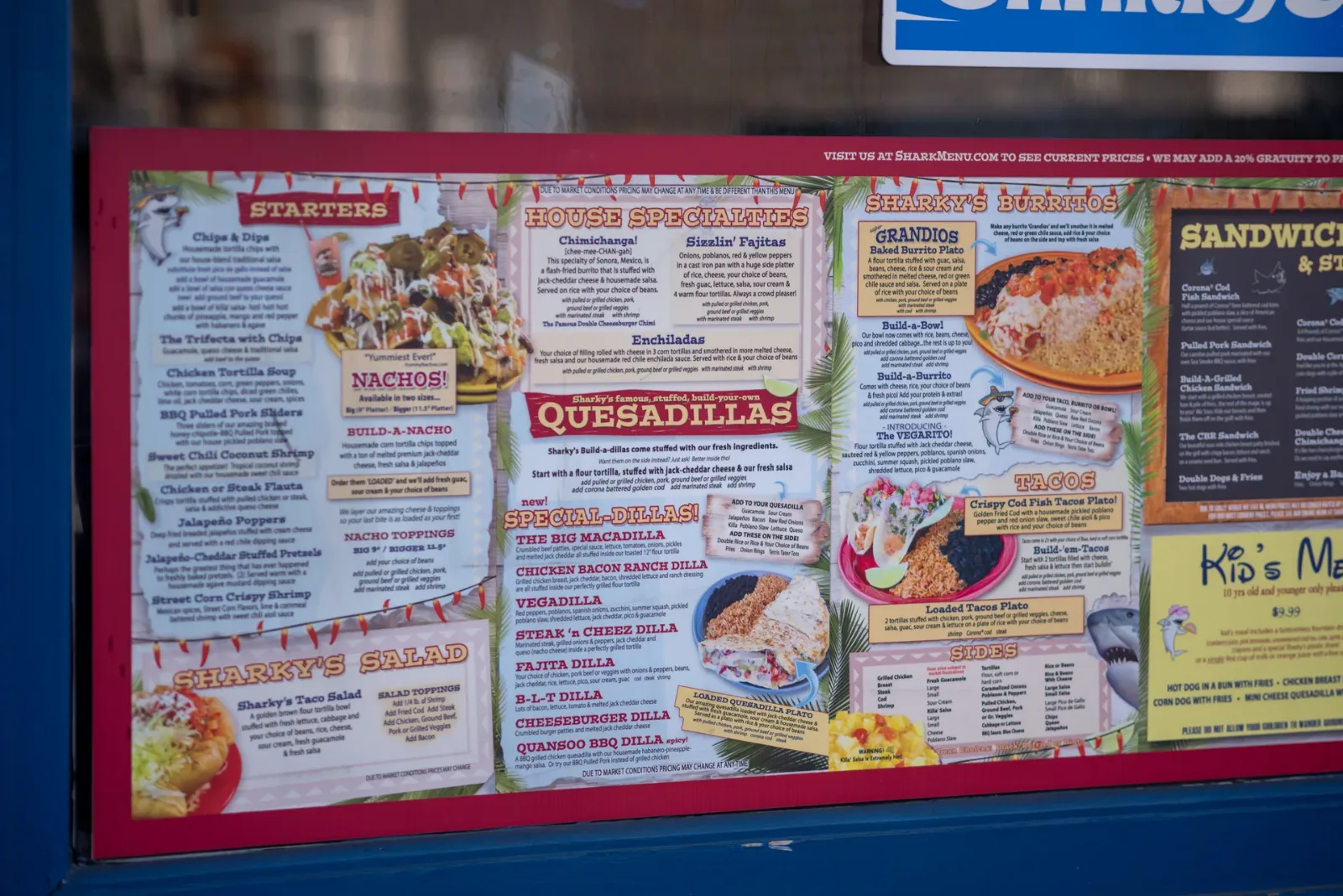 Sharky's Cantina food menu, Oak Bluffs, photographed August 2026