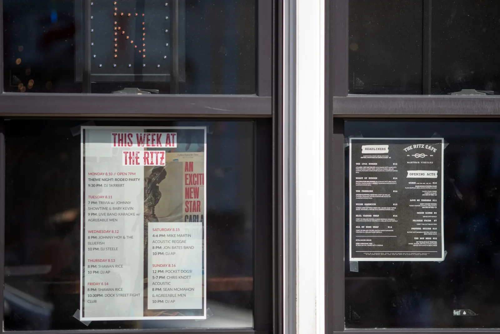 This week at The Ritz live music poster in the window, Oak Bluffs