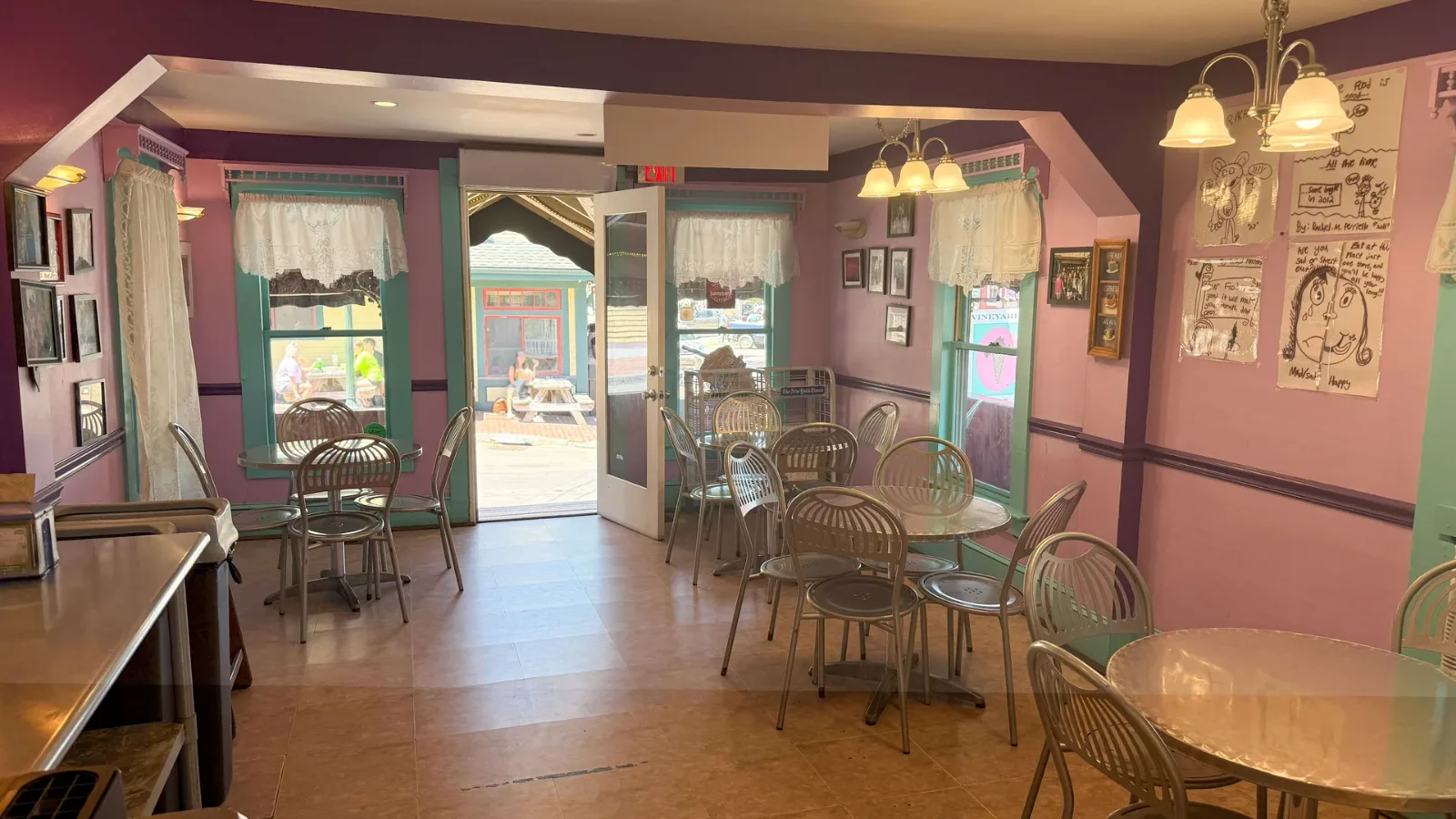 The pink dining room under the Fresh Bagels awning at Vineyard's Best Ice Cream & Coffee, Oak Bluffs